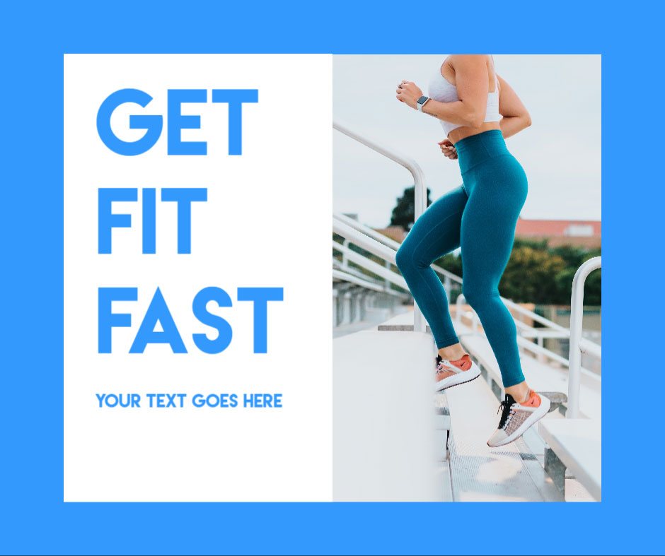 Woman in teal leggings running up white stairs