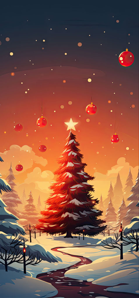 A cartoon Christmas tree decorated with red ornaments and a star, surrounded by snow-covered trees and a winding path.