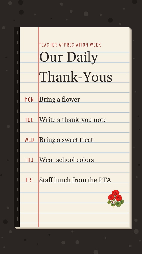 Notebook-style teacher appreciation week story with a daily thank-you list and small flower graphic