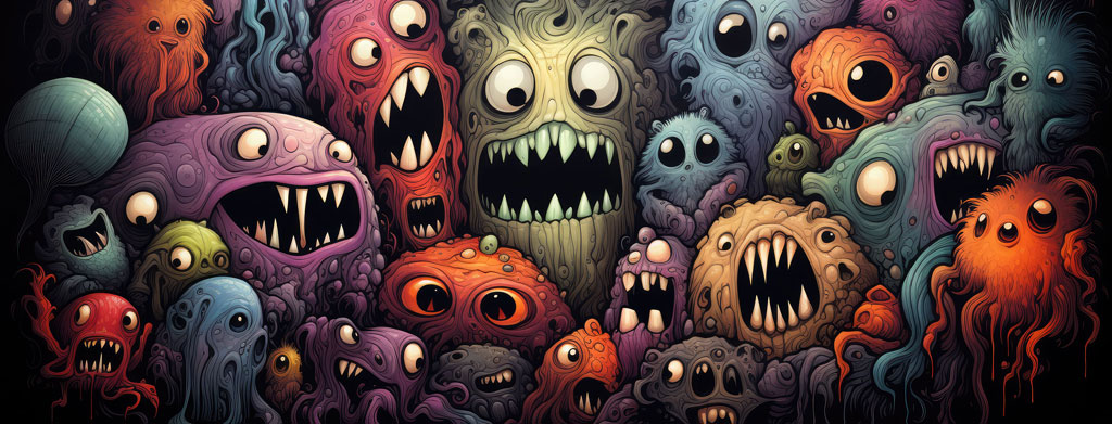 A colorful crowd of cartoon monsters with menacing expressions