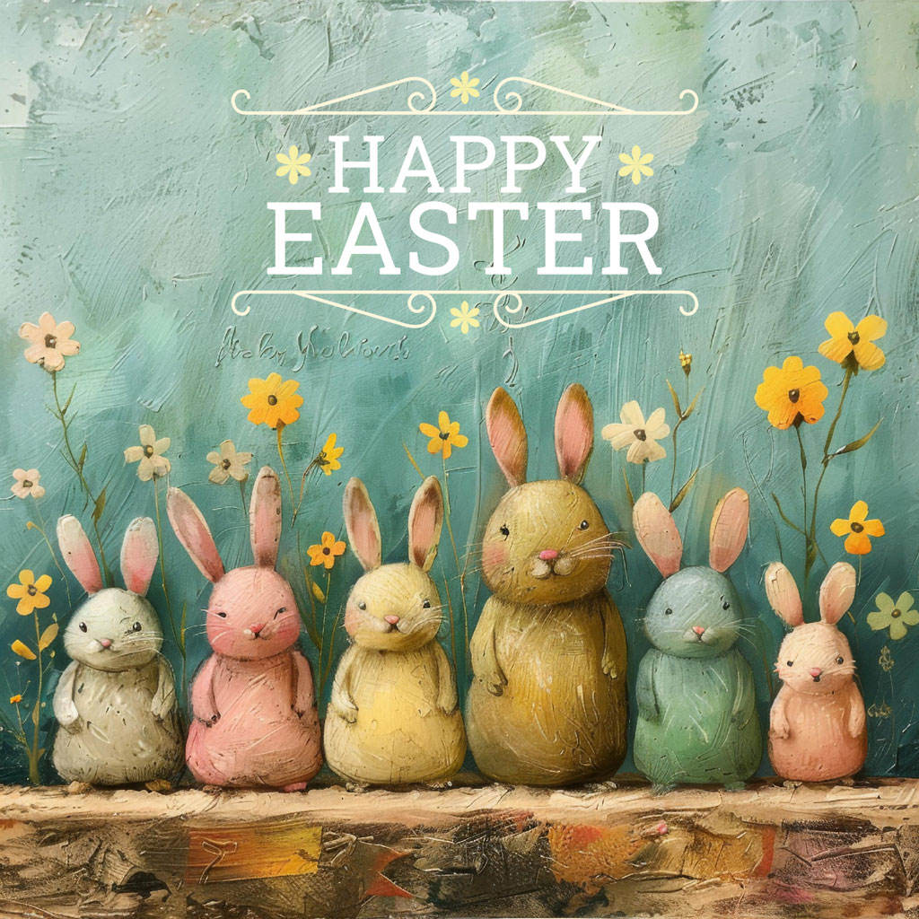 Six colorful Easter bunnies standing in a row amidst yellow and white flowers against a blue-green background with 'HAPPY EASTER' text.