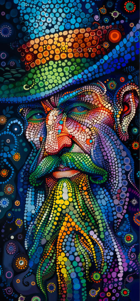 A detailed, multicolored dot art portrait of a bearded man