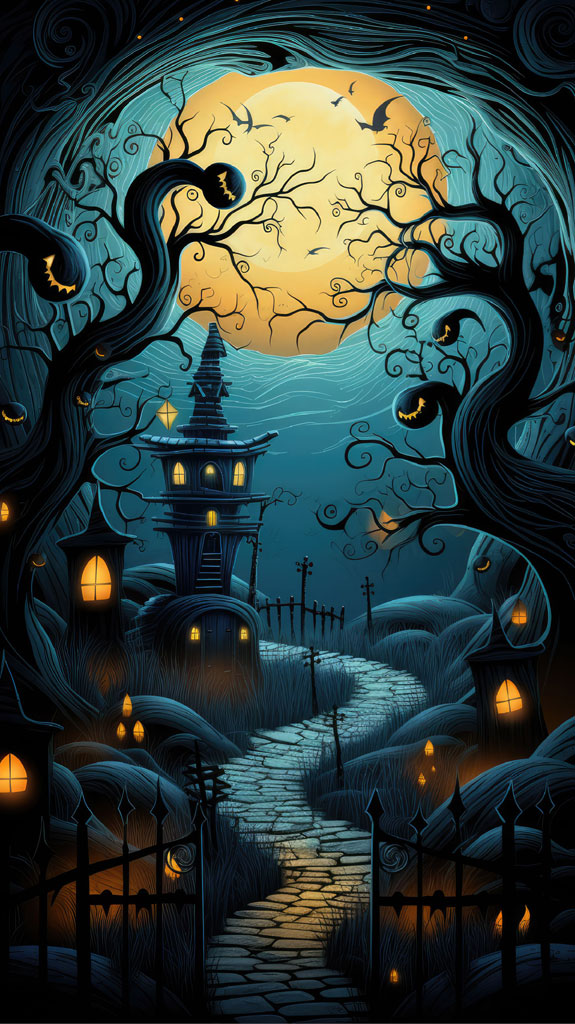A dark, whimsical Halloween scene with a tower, lanterns, and twisted trees under a full moon.
