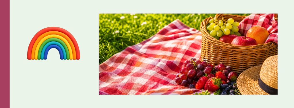 Rainbow graphic beside a picnic blanket with fruit basket, grapes, and a straw hat on grass.