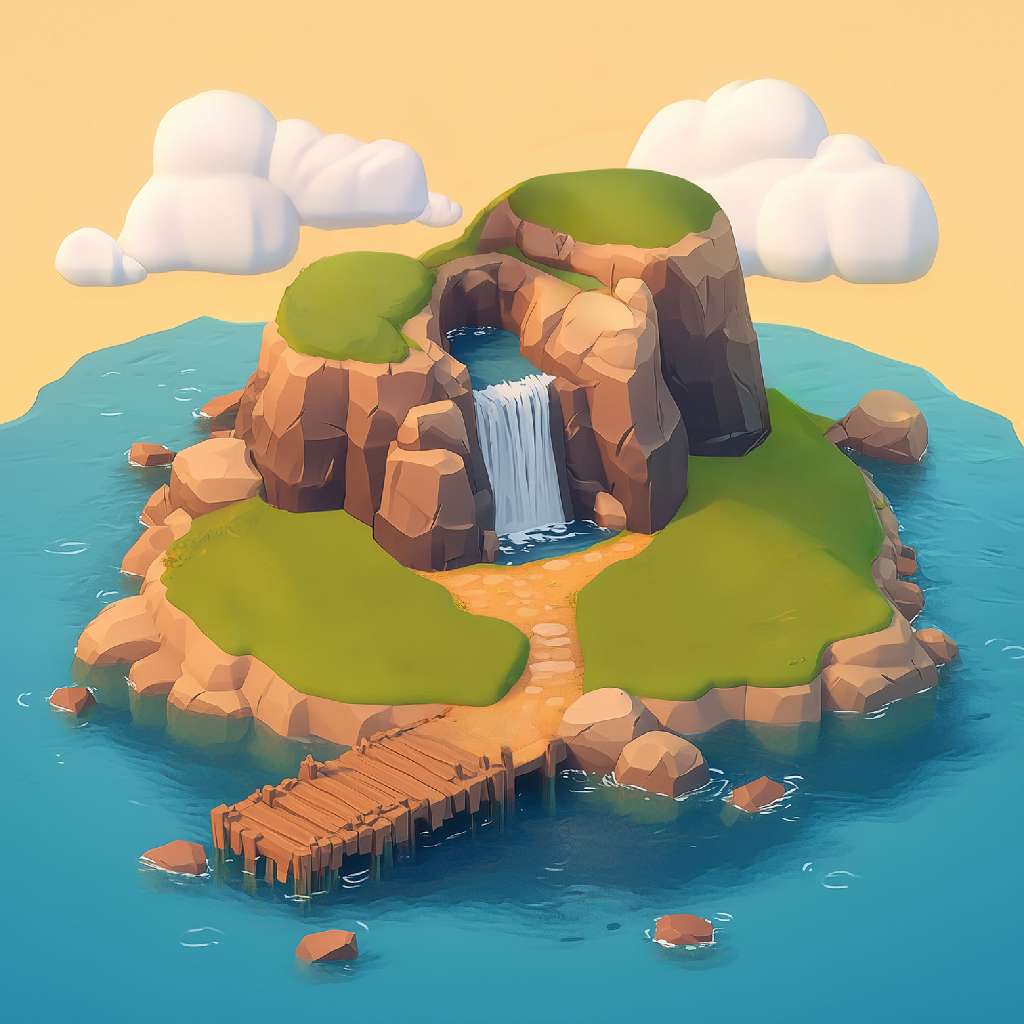 3D illustration of a peaceful island with a waterfall and wooden dock