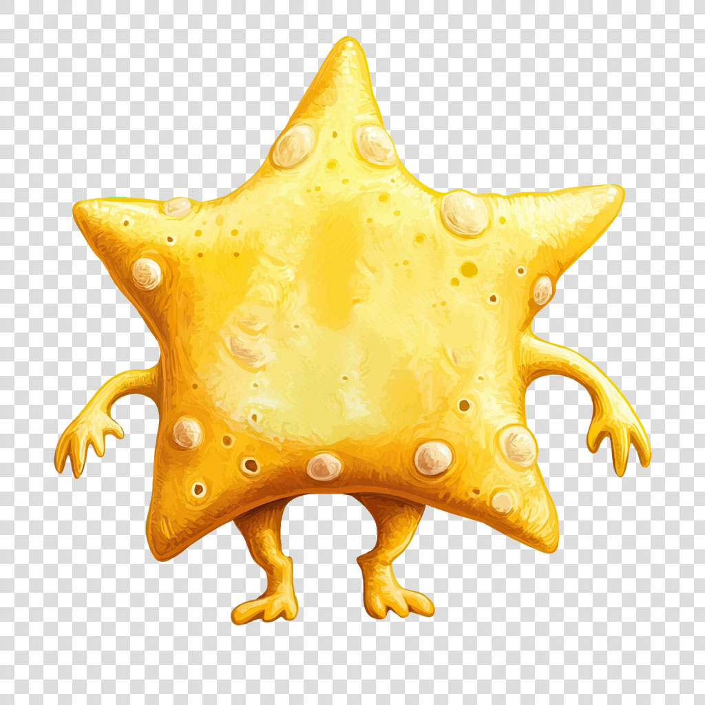 A yellow star-shaped cheese with arms and legs.