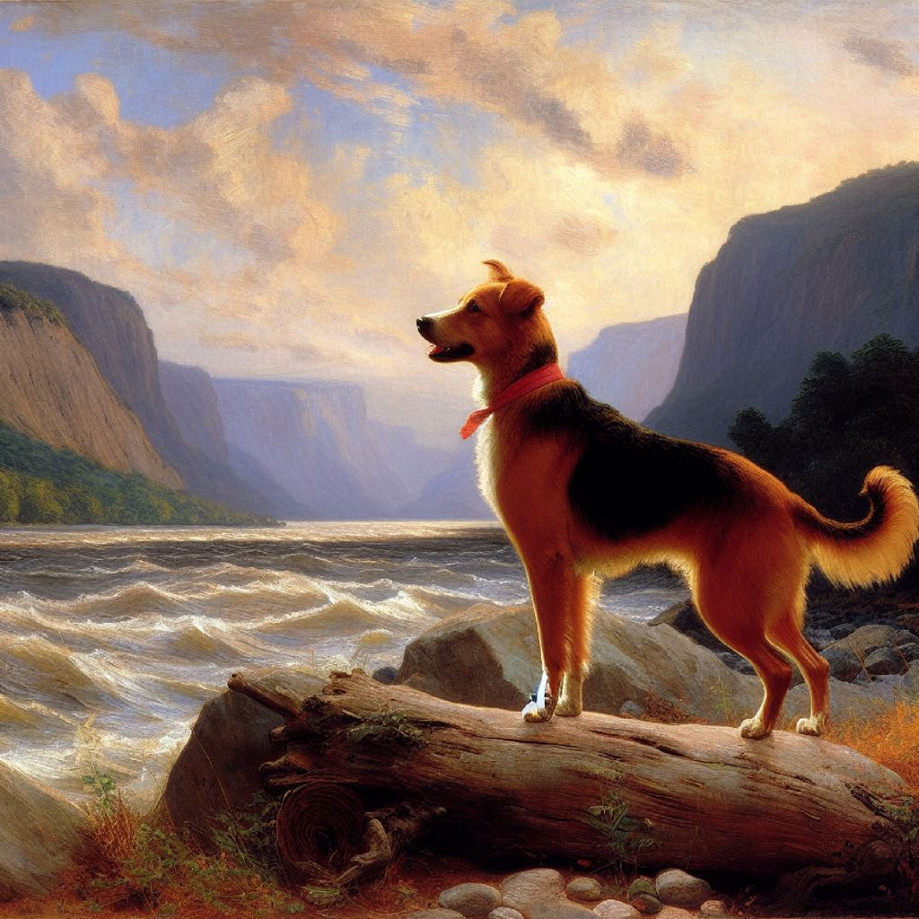 A dog with a red collar standing on a log near a river
