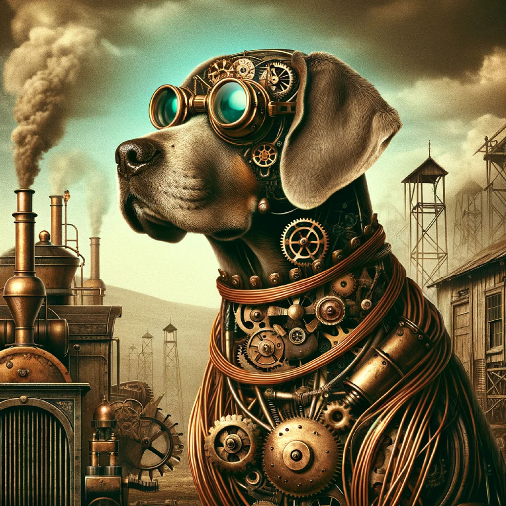 A dog wearing steampunk goggles and leather jacket