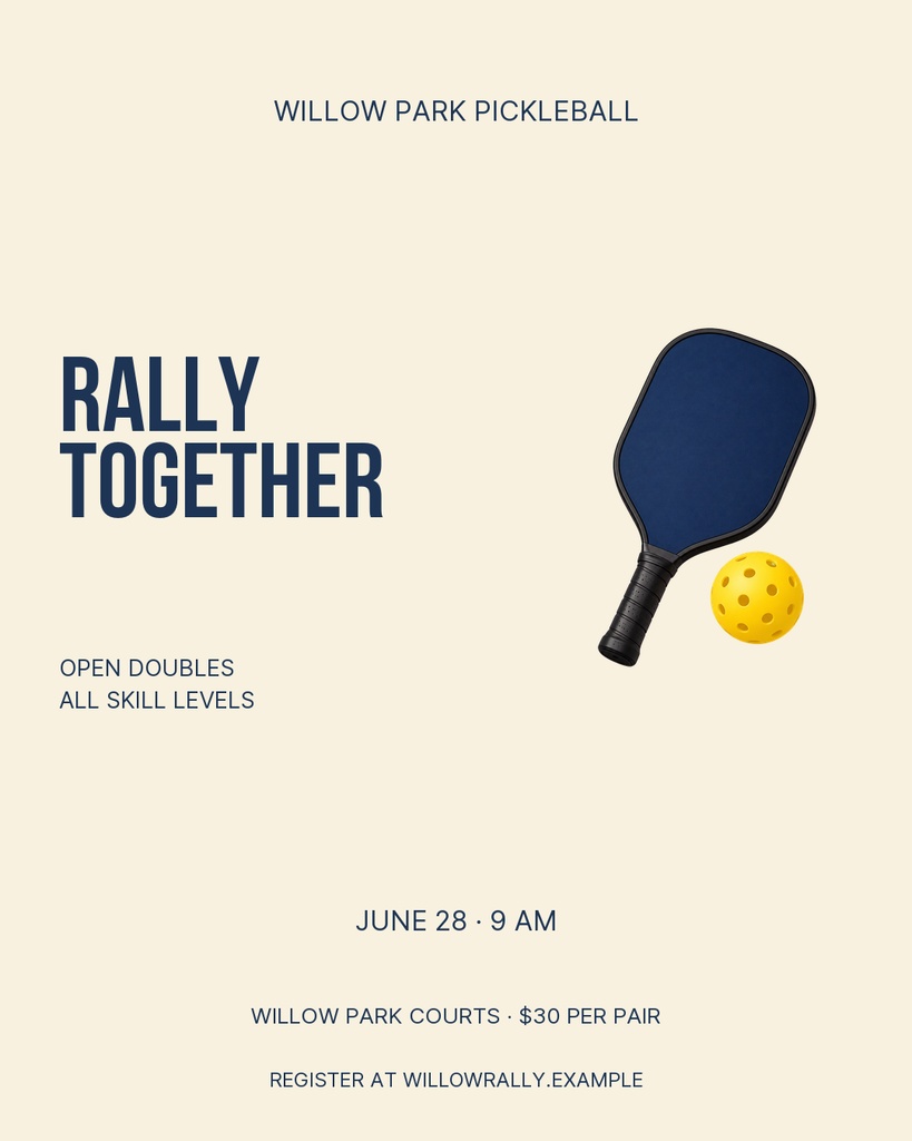 Portrait pickleball event poster with paddle and ball on a light background.