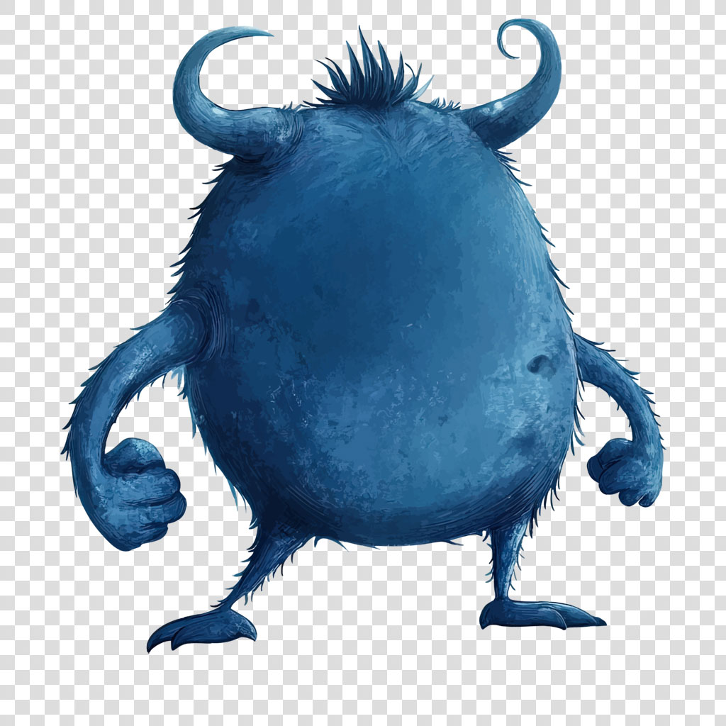 A blue monster with horns and furry texture standing on two legs