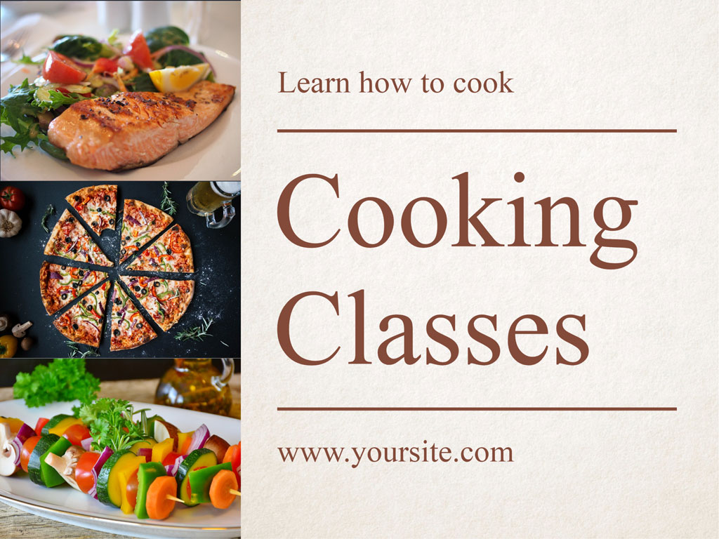 Cooking classes images featuring grilled salmon, pizza, and vegetable salad