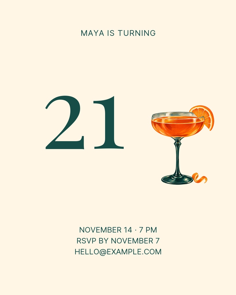 Minimalist portrait birthday post with the number 21 and an orange cocktail illustration.