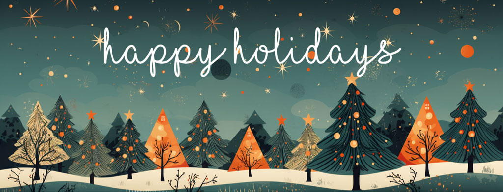 Illustration of a snowy forest with decorated trees and the text 'happy holidays'