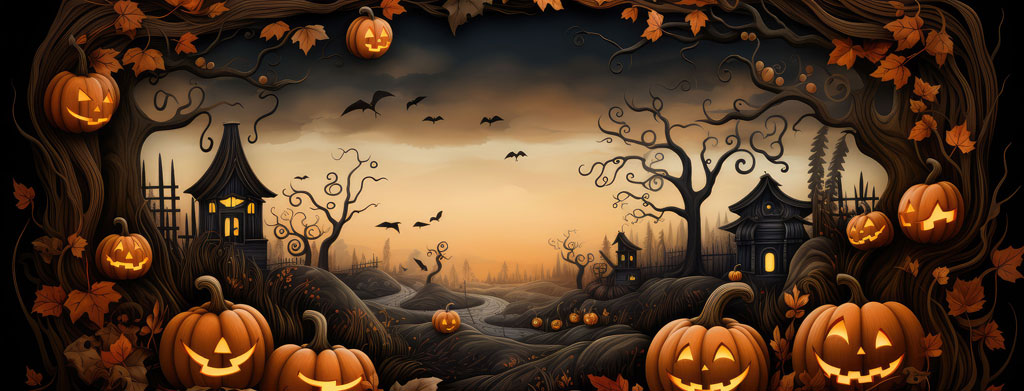 A spooky Halloween scene with carved pumpkins and haunted houses at dusk.