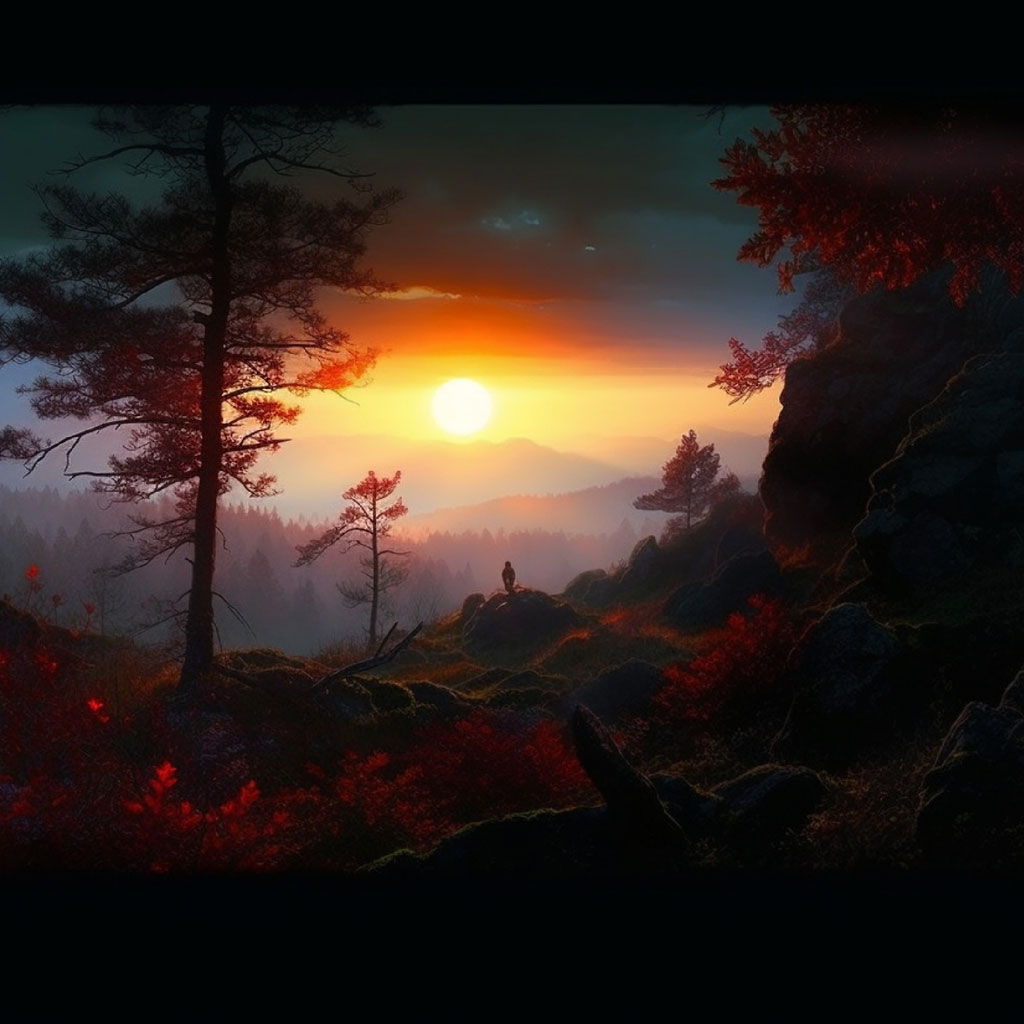 A person standing on a rocky outcrop overlooking a misty mountain range at sunset.