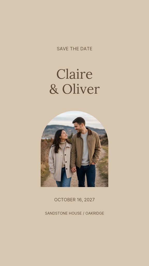 Neutral beige save the date Instagram story with a couple photo and wedding text.