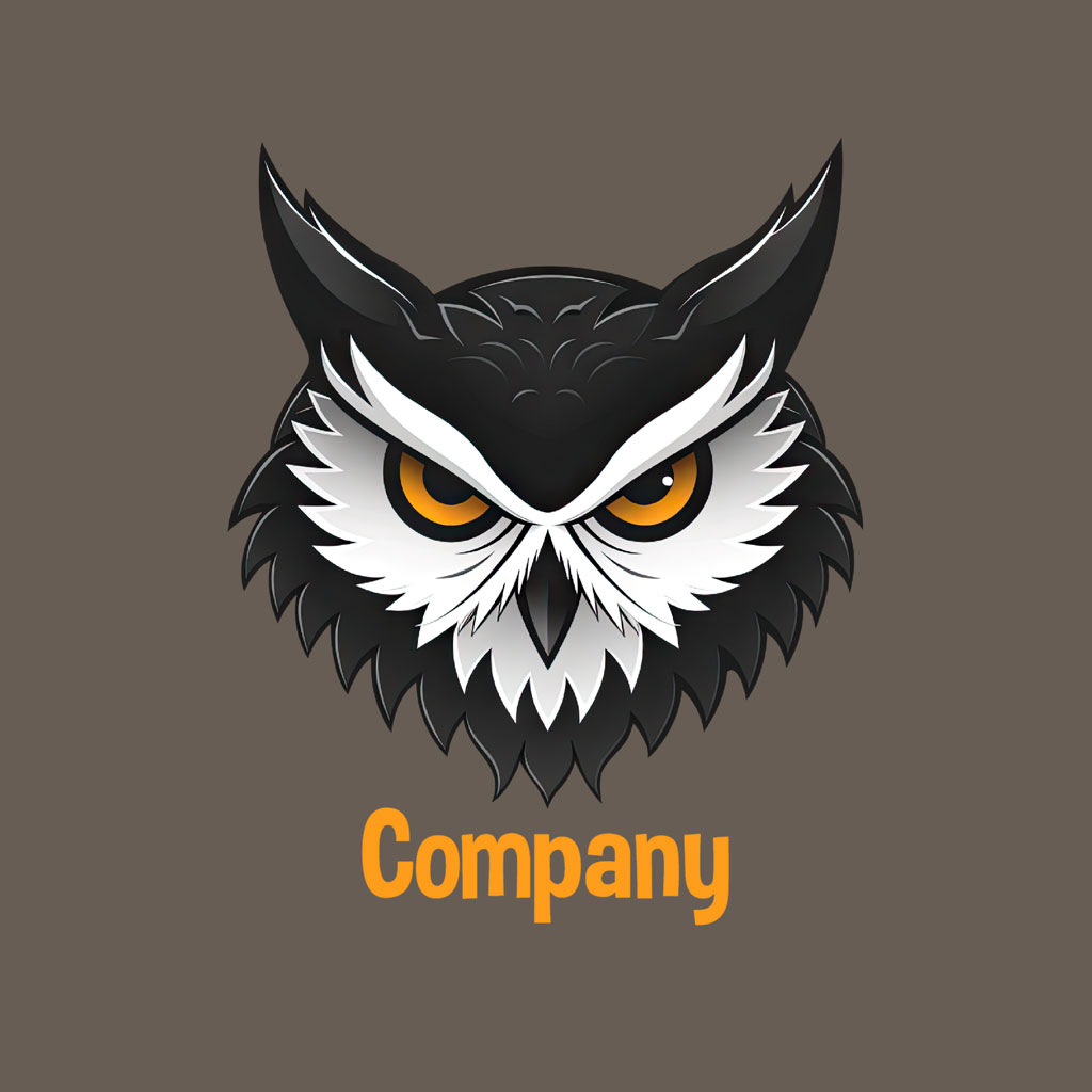 Black and white owl head logo with yellow eyes on a gray background