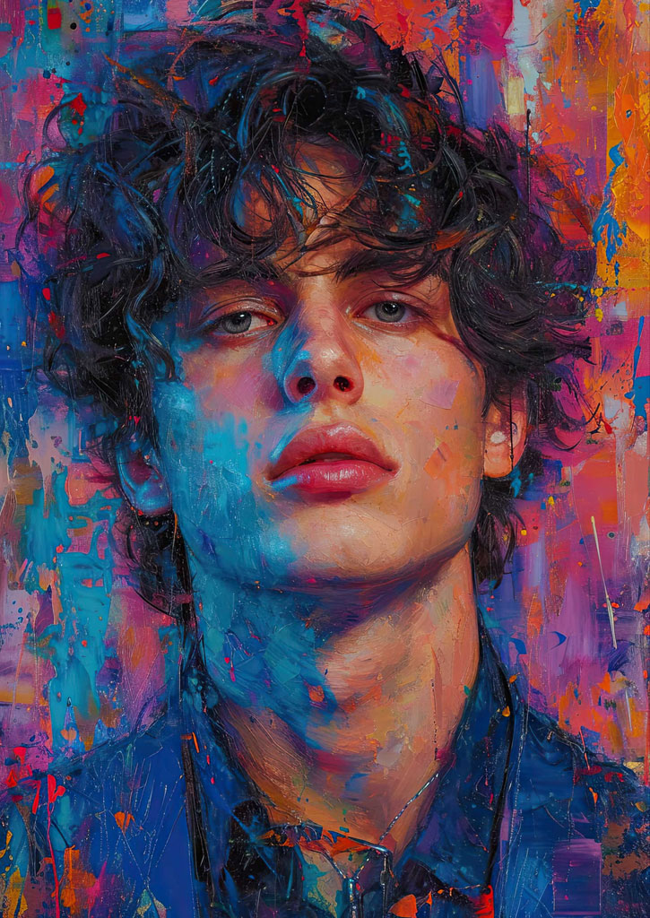 A close-up portrait of a young man with curly hair against a vibrant, abstract background.