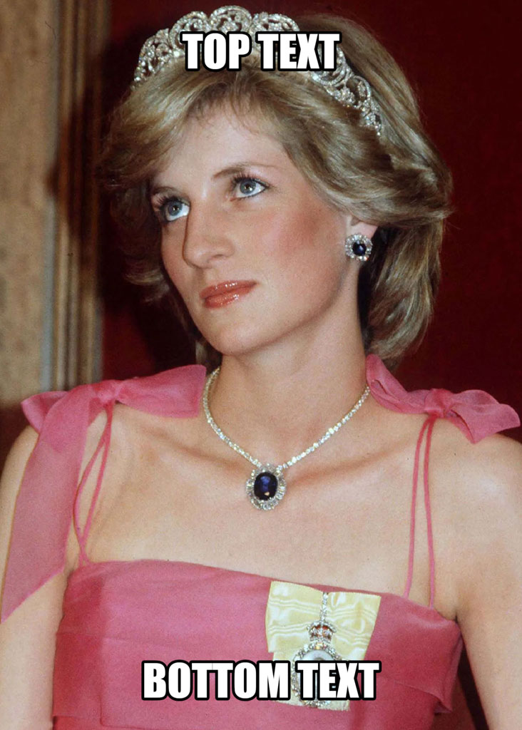 Princess Diana in a pink dress with a tiara and jewelry