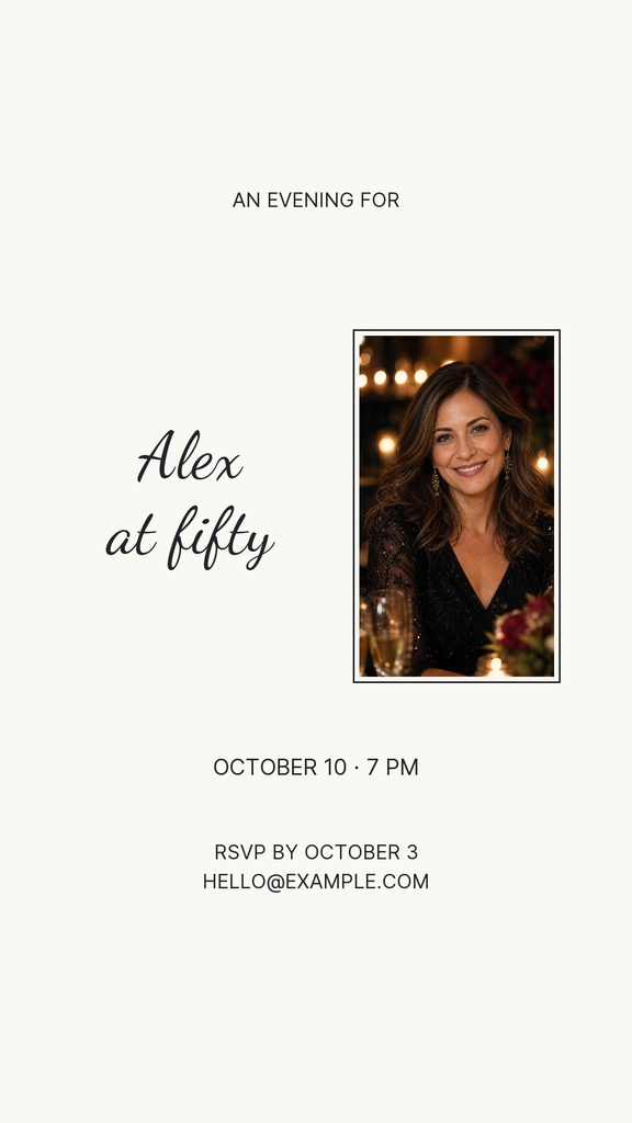 Minimalist birthday story template with a portrait photo, elegant script text, and RSVP details.