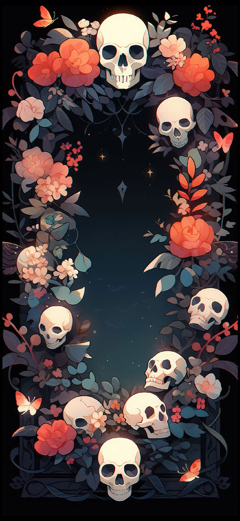 An illustration of a floral border with skulls and butterflies on a dark background.