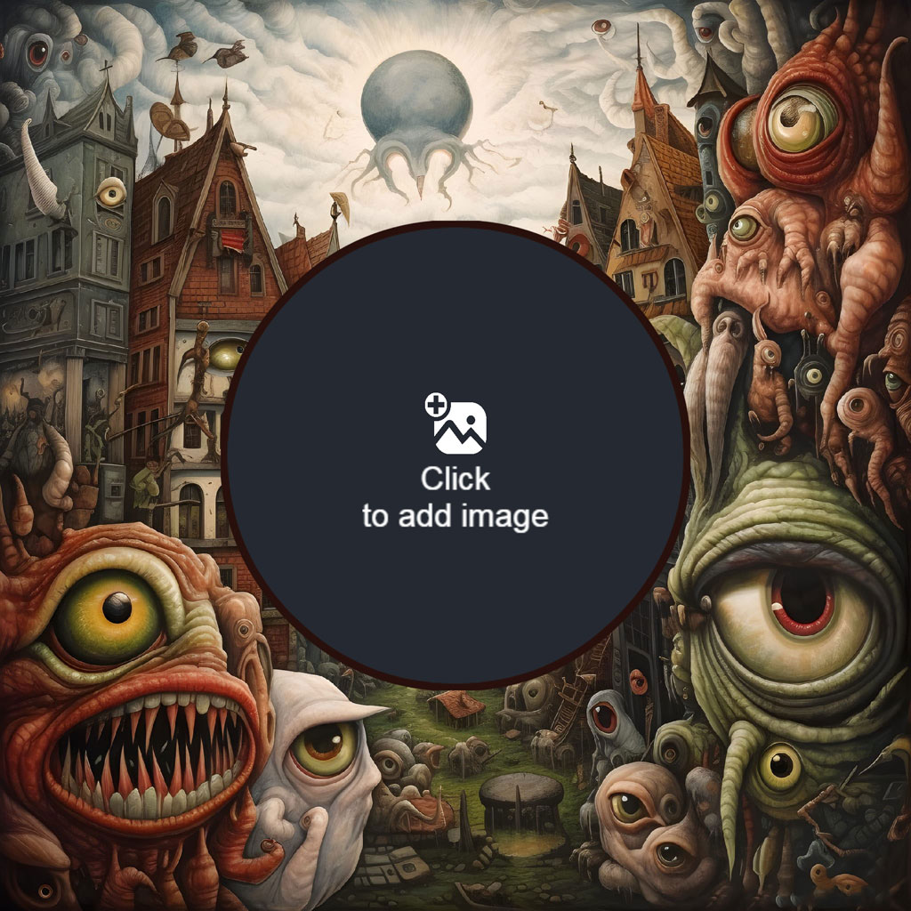 Surreal fantasy artwork with monsters and buildings