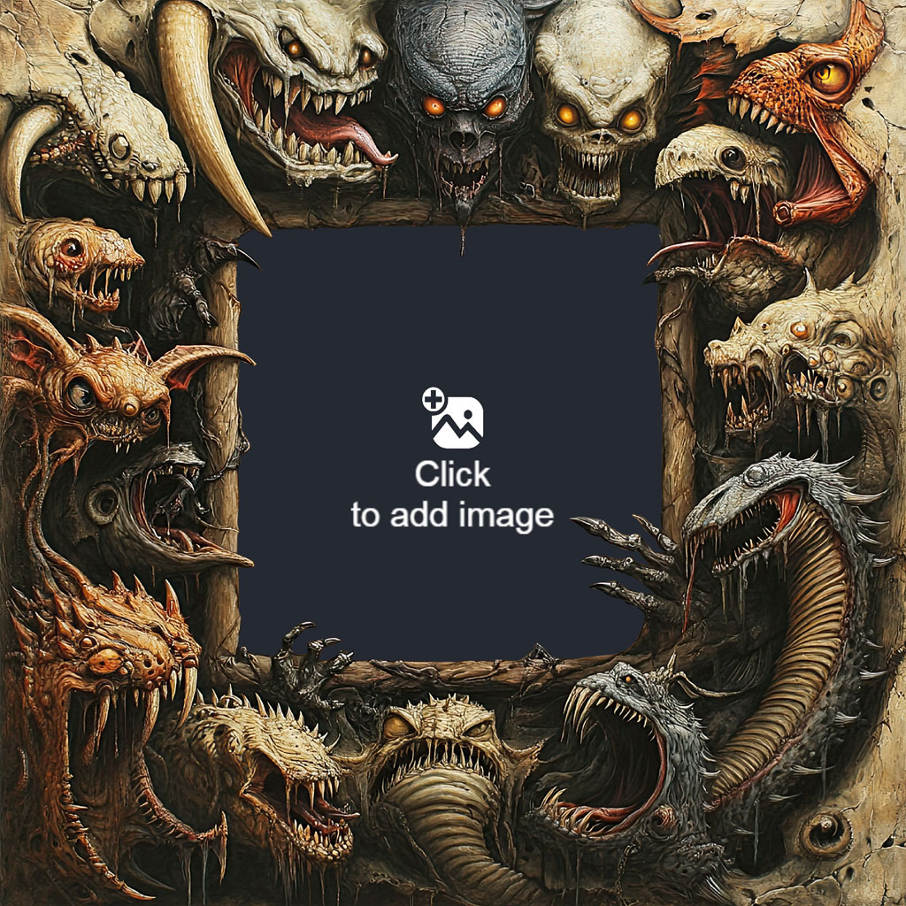 A dark blue frame surrounded by various horror creatures and monsters.