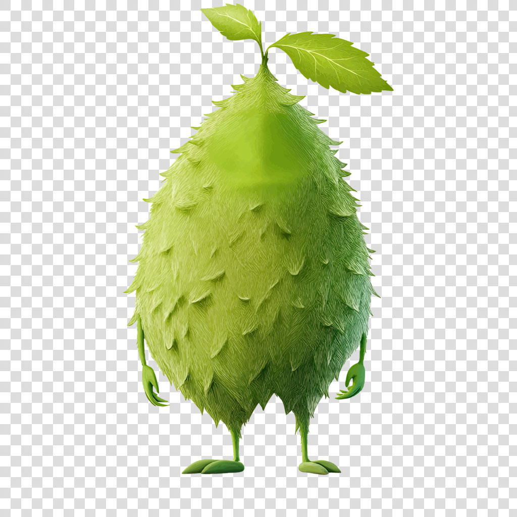 A cartoon-like green being with a fuzzy, leafy appearance and two small leaves on its head