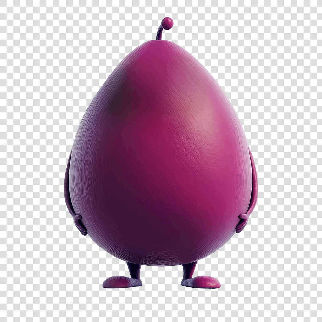 Purple egg character with a small stem and three legs