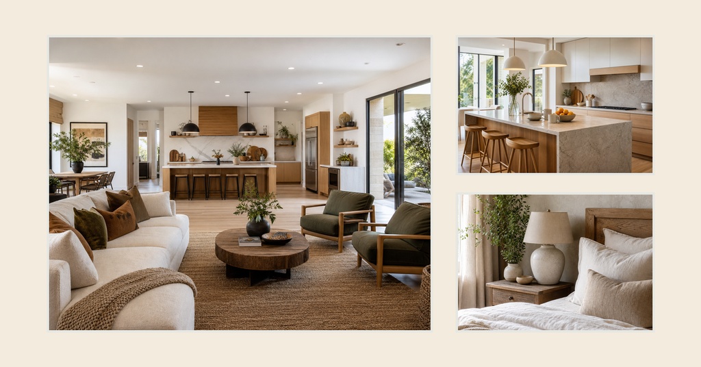 Three-panel real estate collage featuring a living room, kitchen, and bedroom in a bright cottage home.