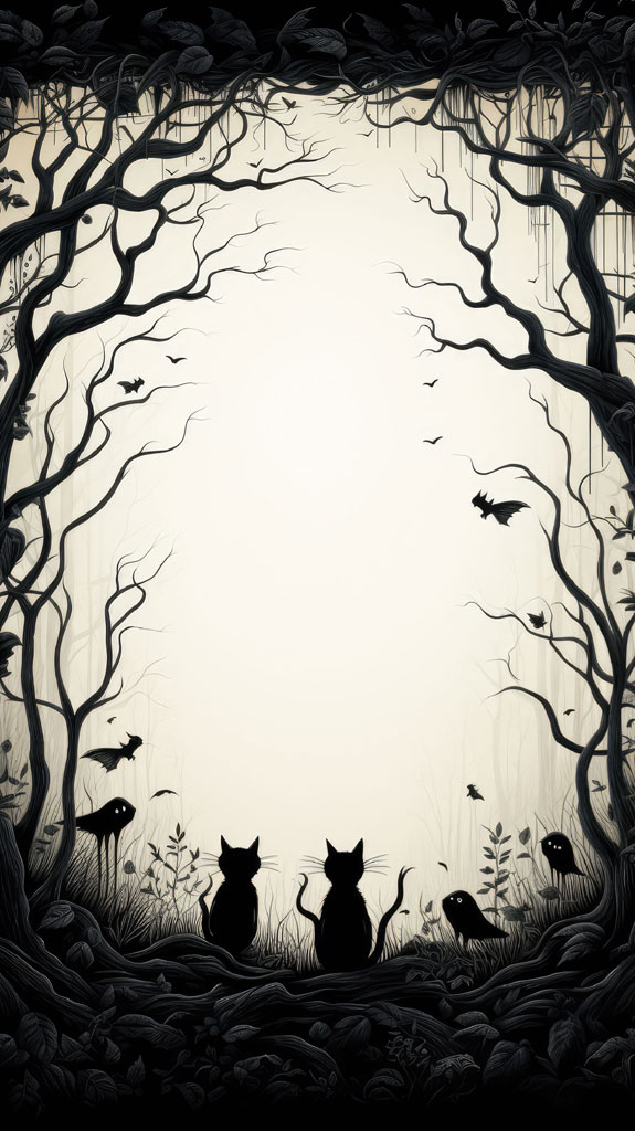 Black cats in a haunted forest with bats flying around