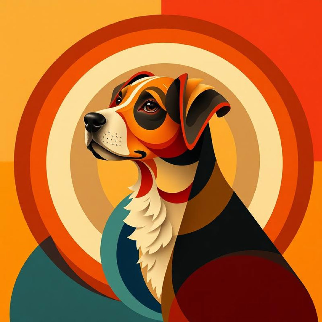 A stylized dog with a mix of orange, black, and white colors set against a vibrant, layered circular background.