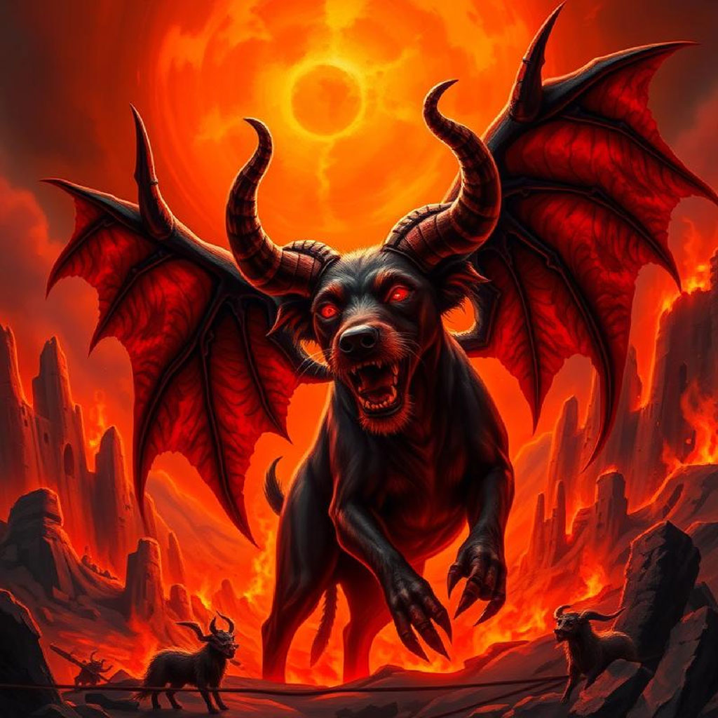 A large red demon with horns and wings in a fiery landscape