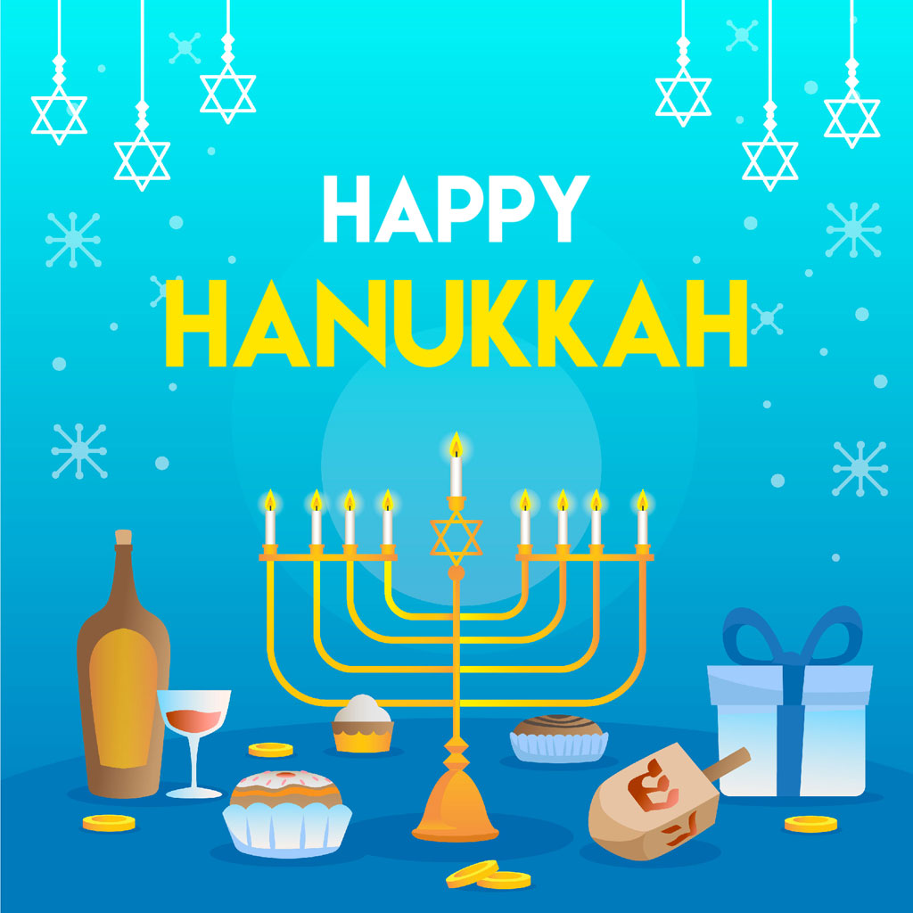 Hanukkah celebration with menorah, wine, and traditional foods