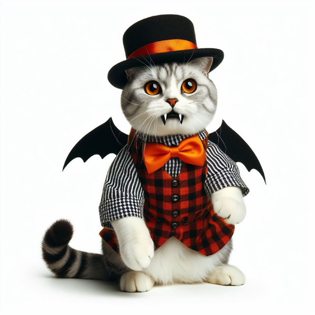 Cartoon black cat with orange eyes and purple bow tie surrounded by bats
