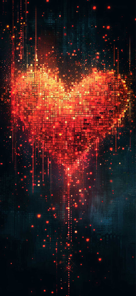 Glowing red heart in a digital space