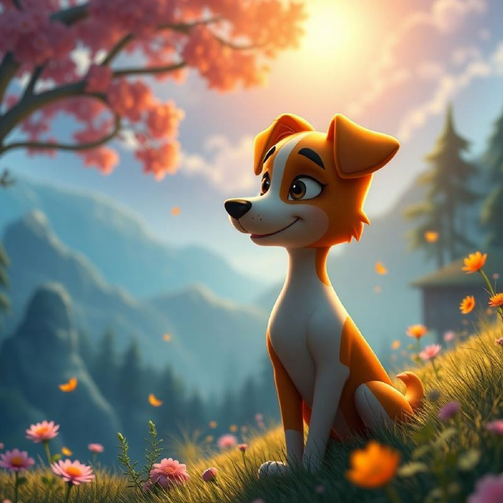A cartoon dog sitting in a field of flowers with a mountainous background