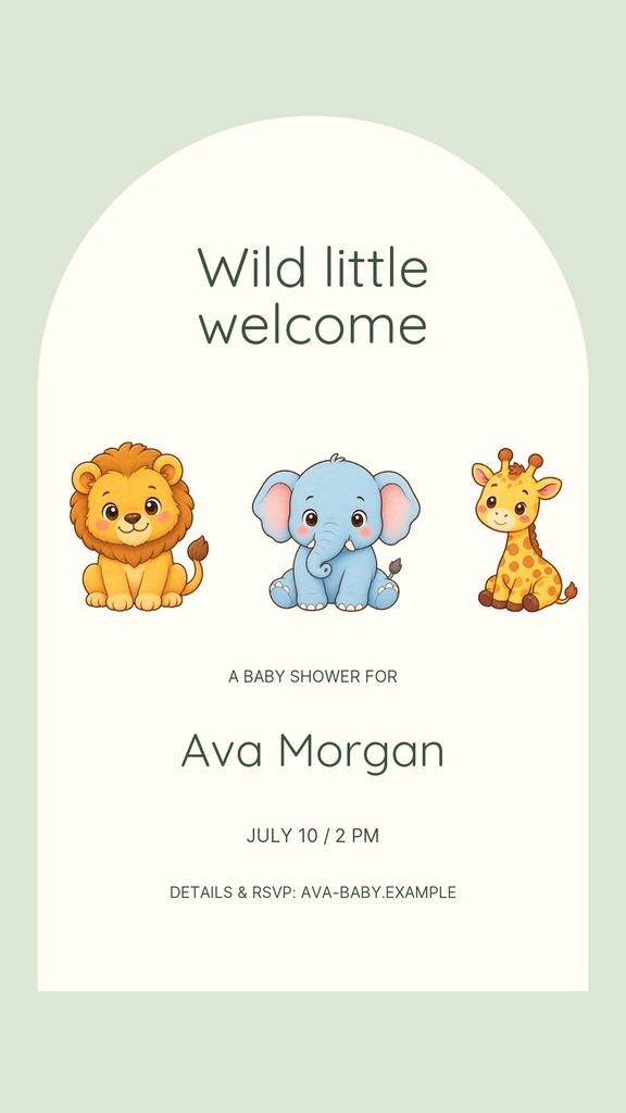 Safari baby shower story template with lion, elephant, and giraffe on a soft sage background
