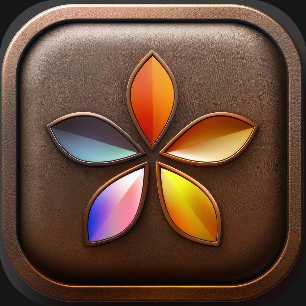 A bronze square icon featuring a stylized flower with colorful gradient petals.