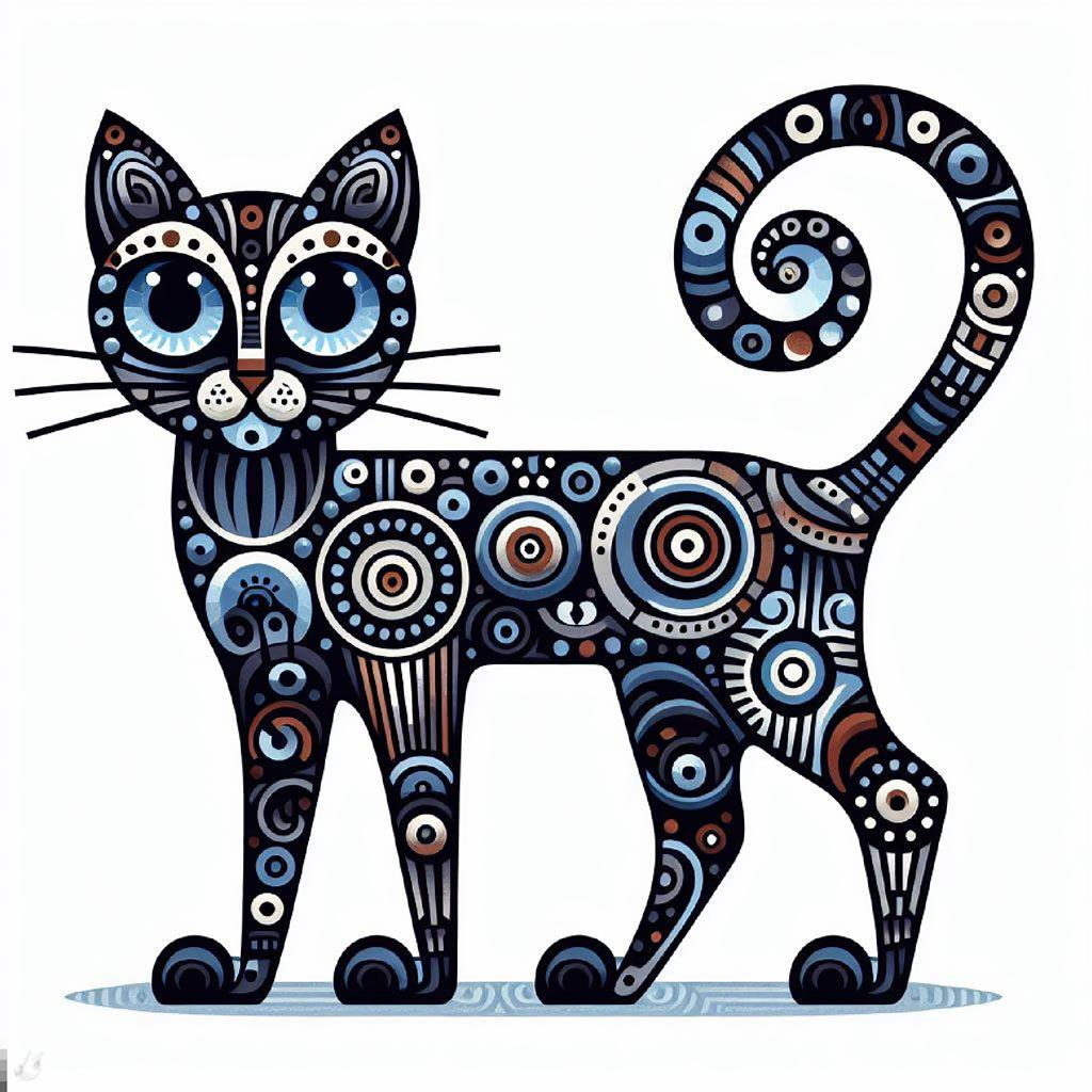 Illustration of a cat with ornate designs and a flowering plant