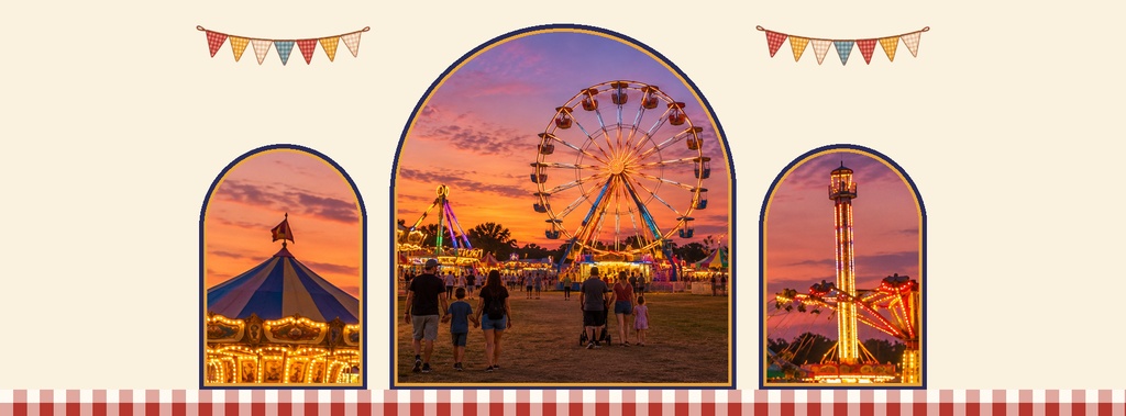 County fair page cover with ferris wheel, carnival rides, and sunset sky in framed arches
