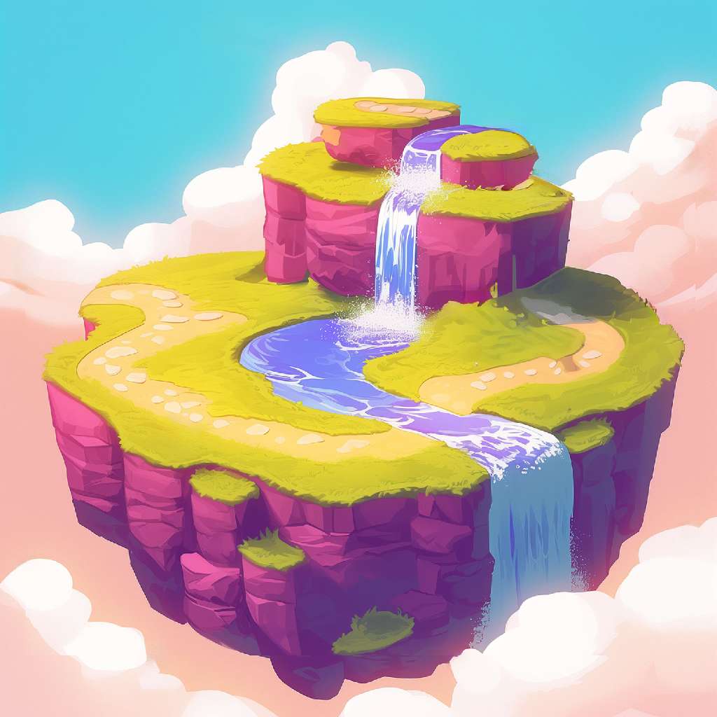 A cartoon-style illustration of a floating island with a waterfall and greenery.