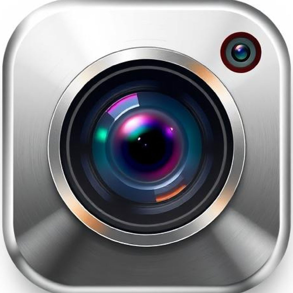 Silver camera icon with a large lens and a smaller lens