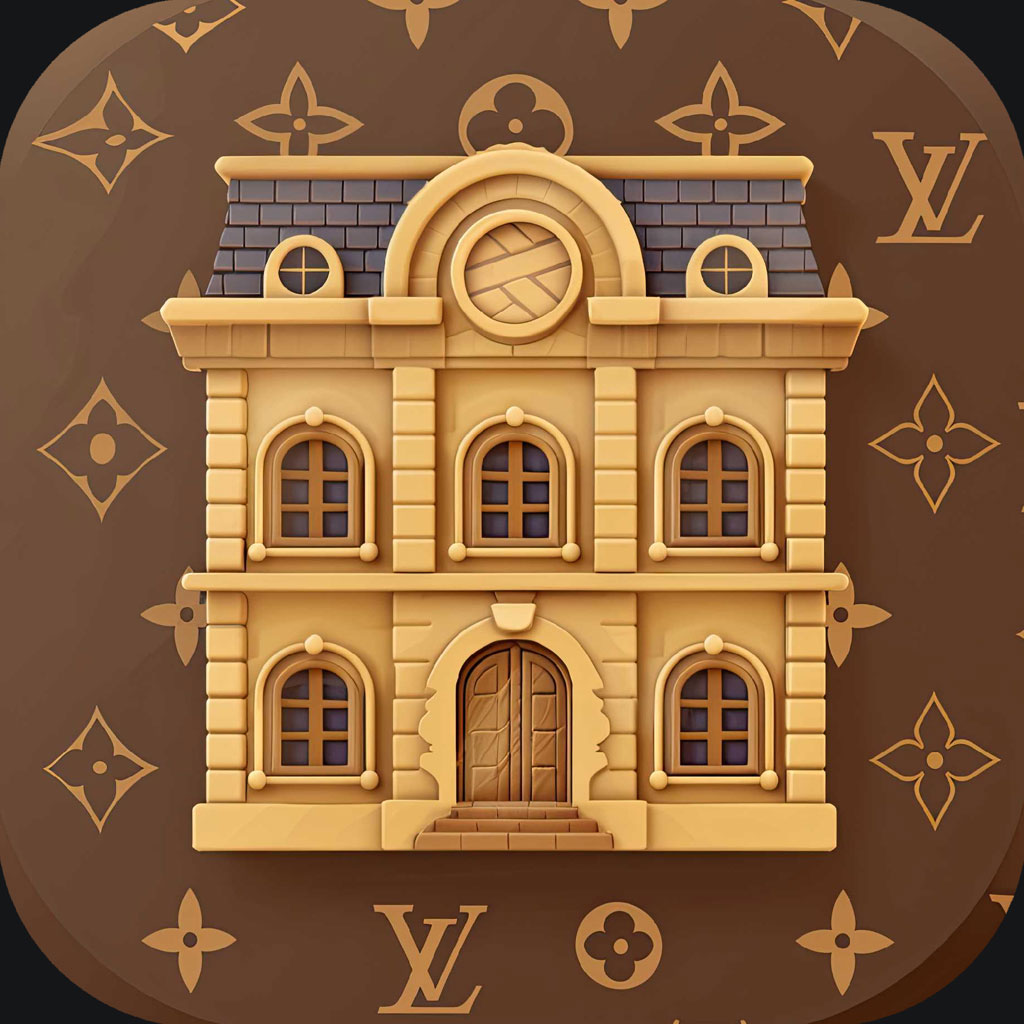 3D illustration of a luxurious mansion with Louis Vuitton patterns