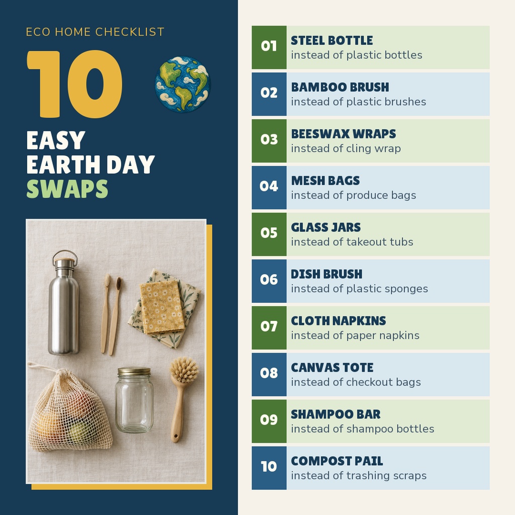 Square Earth Day checklist post with 10 eco-friendly swaps and a photo of reusable household items.