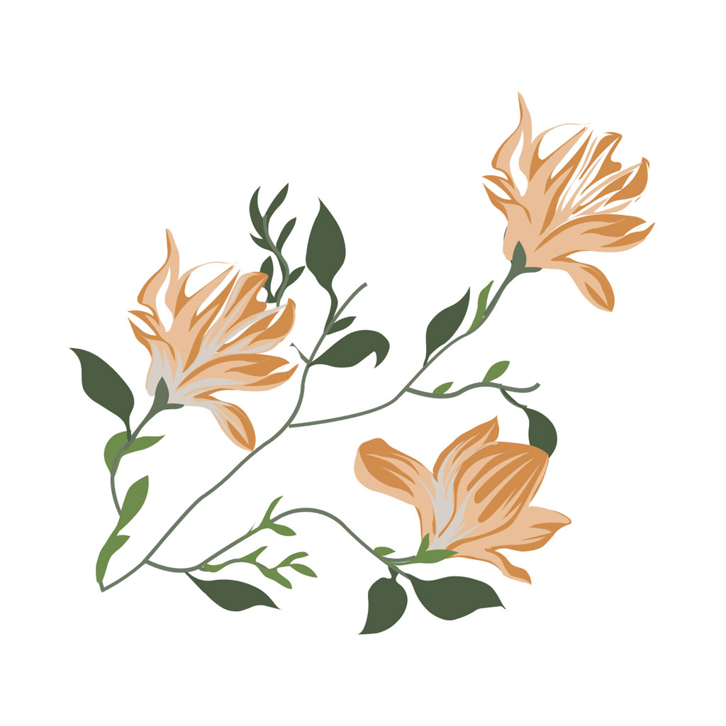 Illustration of three orange flowers with green leaves