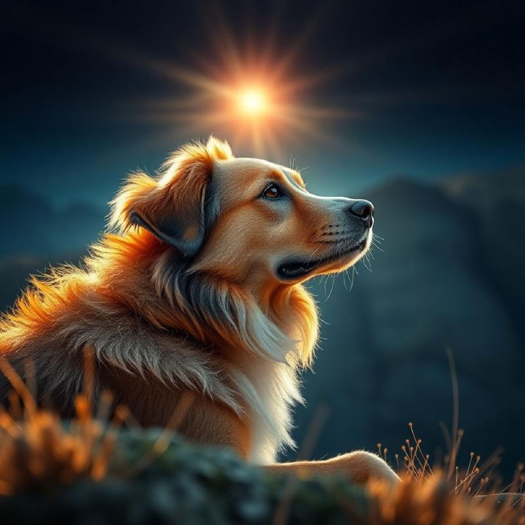 A dog gazing upwards towards the sun with a blurred mountainous background.