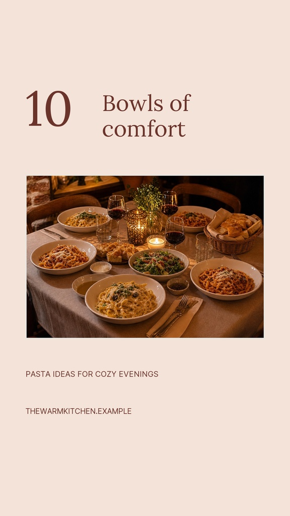 Portrait story design showing the title Ten Bowls of comfort above a table of pasta bowls and candles.