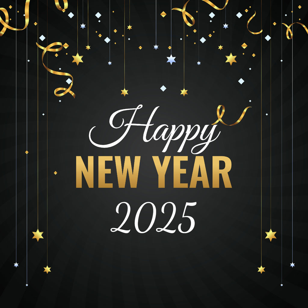 Happy New Year 2025 greeting with gold stars and ribbons on a black background