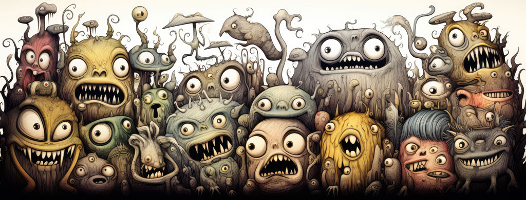 Cartoon illustration of various monsters with large eyes and teeth